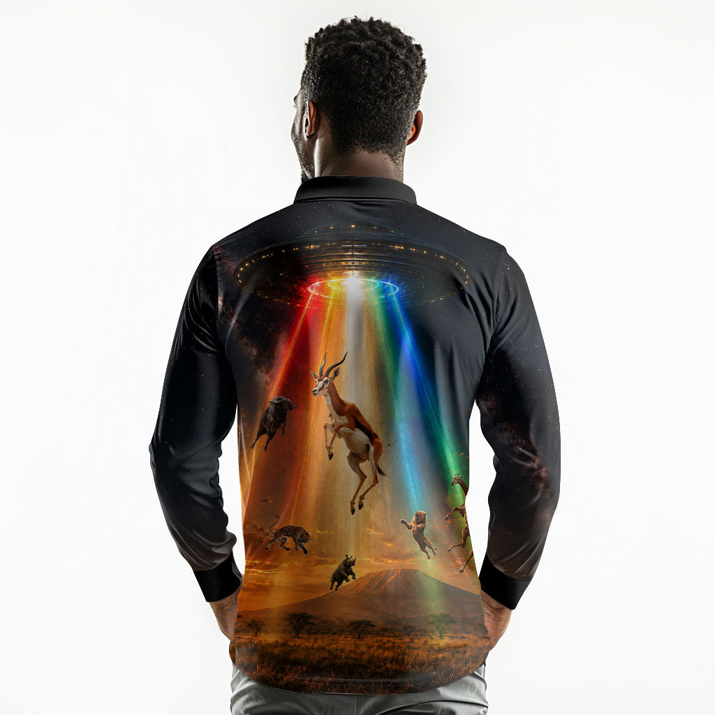 South Africa Safari UFO Long Sleeve Polo Shirt African Wildlife Sci-Fi Galaxy Space And Mandela