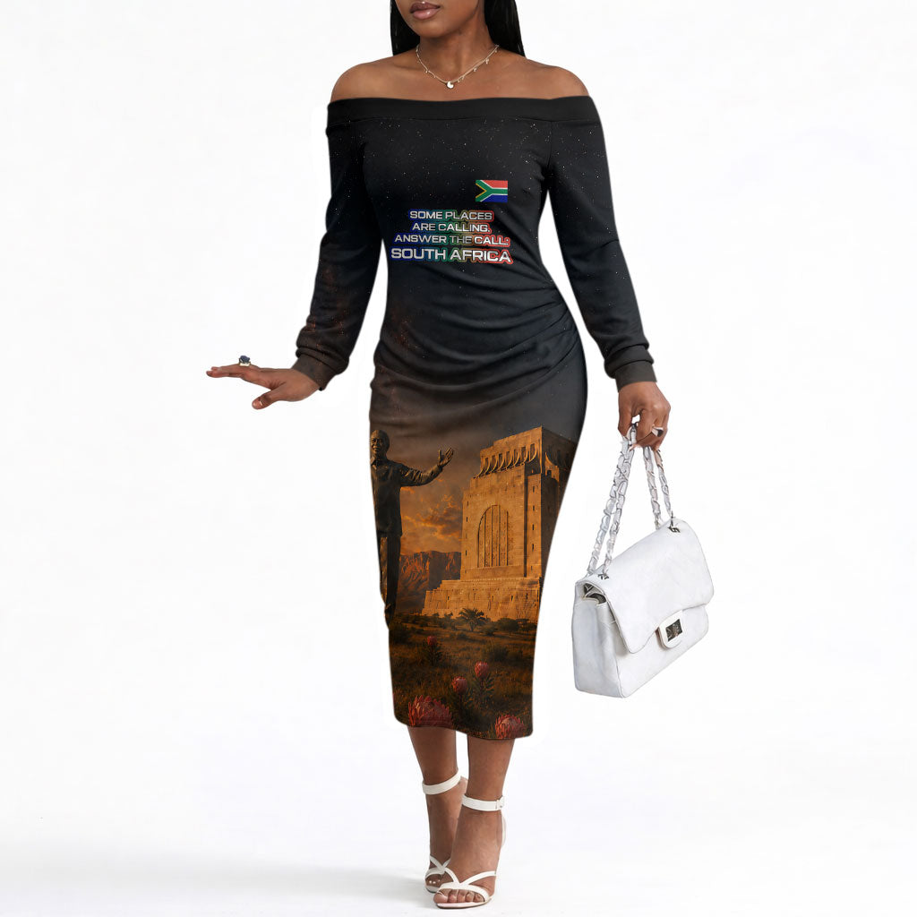 South Africa Safari UFO Off The Shoulder Long Sleeve Dress African Wildlife Sci-Fi Galaxy Space And Mandela