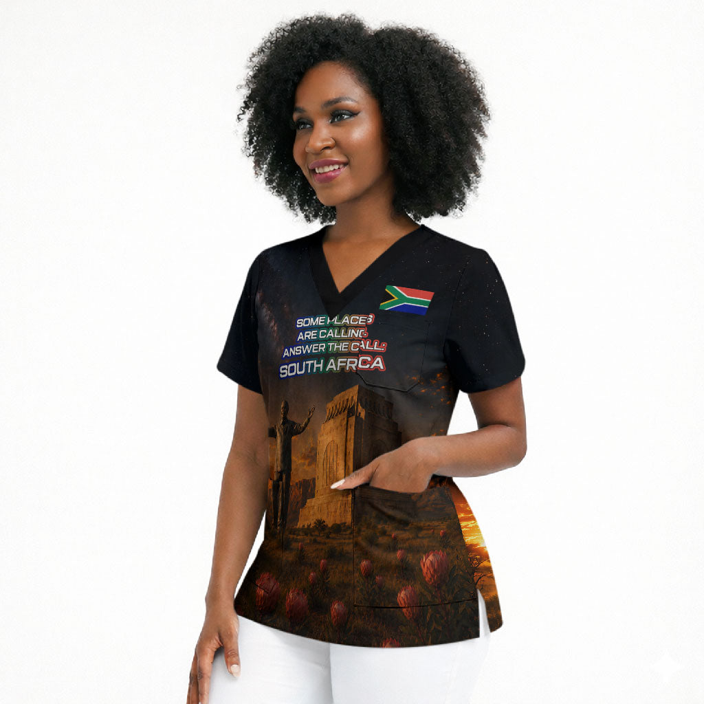 South Africa Safari UFO Scrub Top African Wildlife Sci-Fi Galaxy Space And Mandela