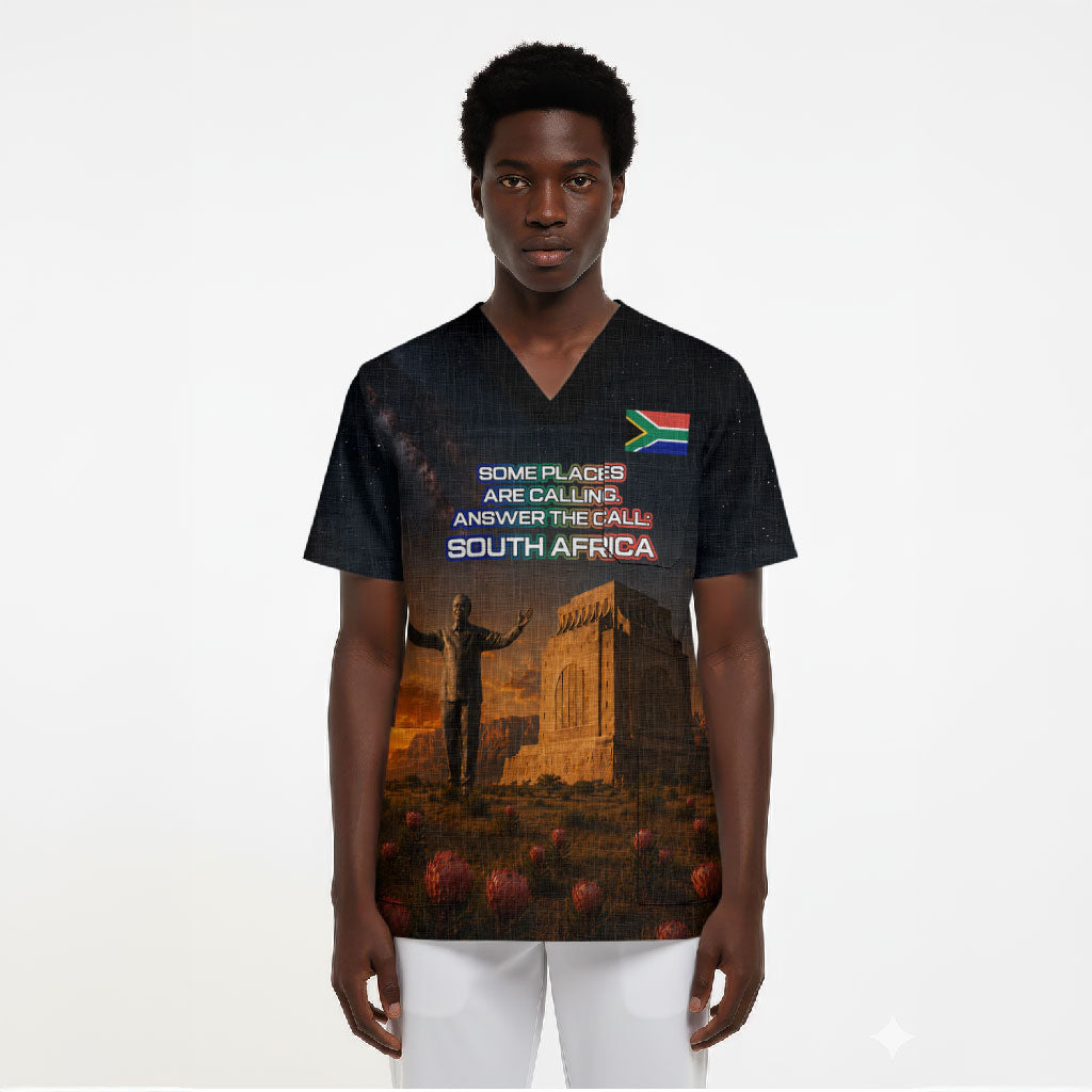 South Africa Safari UFO Scrub Top African Wildlife Sci-Fi Galaxy Space And Mandela