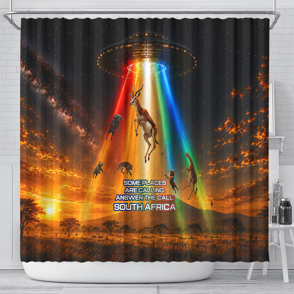 South Africa Safari UFO Shower Curtain African Wildlife Sci-Fi Galaxy Space And Mandela