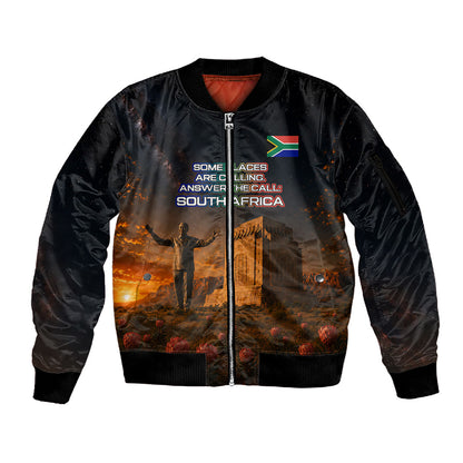 South Africa Safari UFO Sleeve Zip Bomber Jacket African Wildlife Sci-Fi Galaxy Space And Mandela
