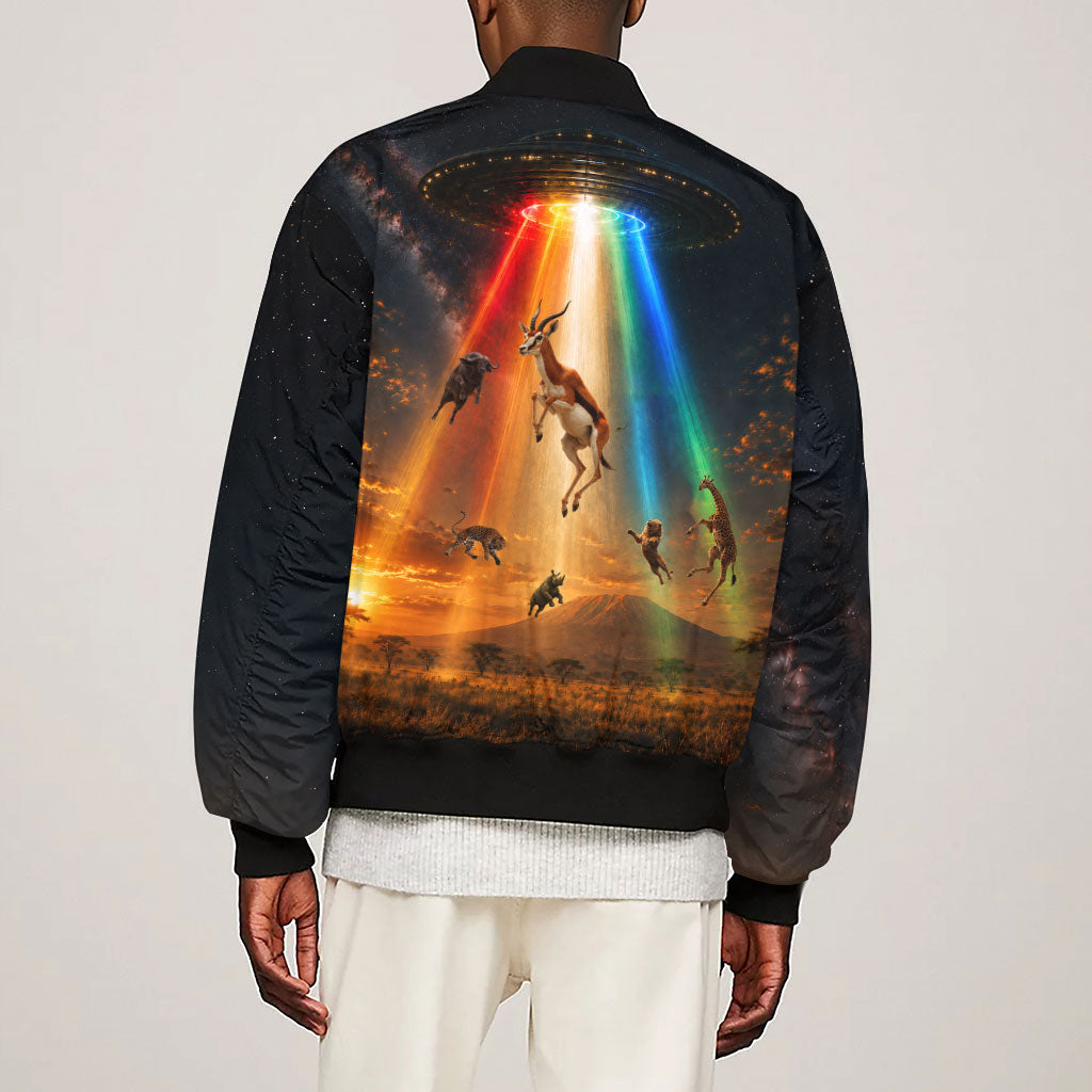 South Africa Safari UFO Sleeve Zip Bomber Jacket African Wildlife Sci-Fi Galaxy Space And Mandela