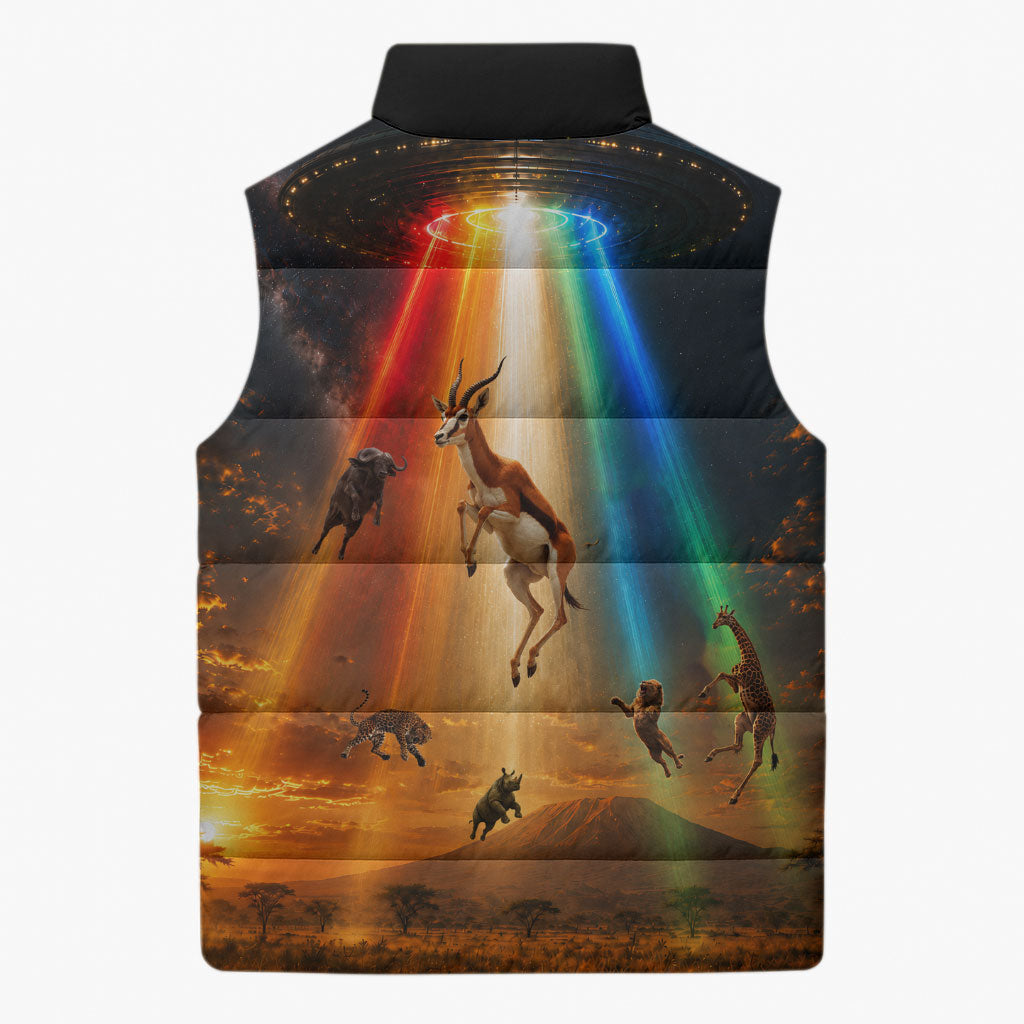 South Africa Safari UFO Sleeveless Puffer Jacket African Wildlife Sci-Fi Galaxy Space And Mandela