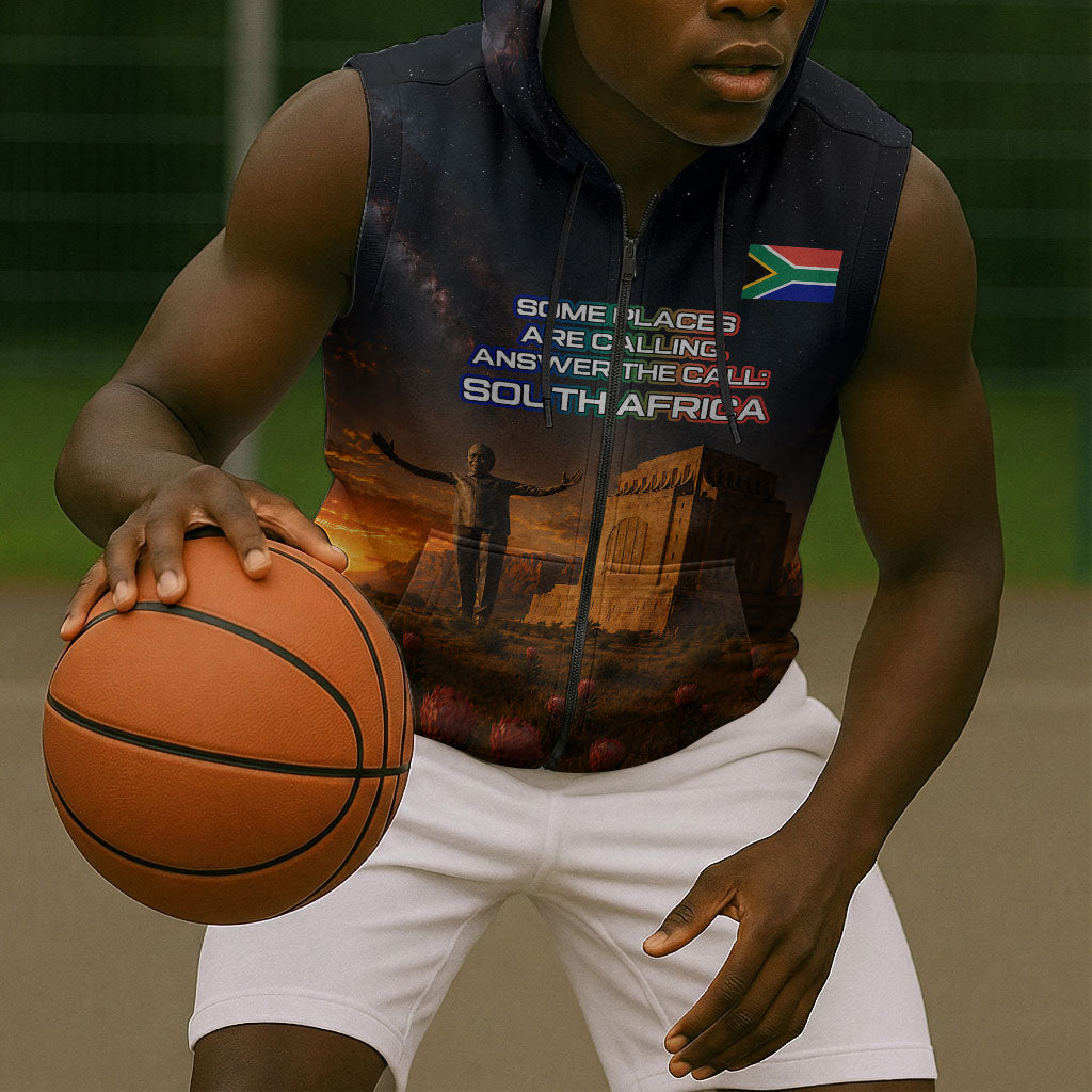 South Africa Safari UFO Sleeveless Zip Hoodie African Wildlife Sci-Fi Galaxy Space And Mandela