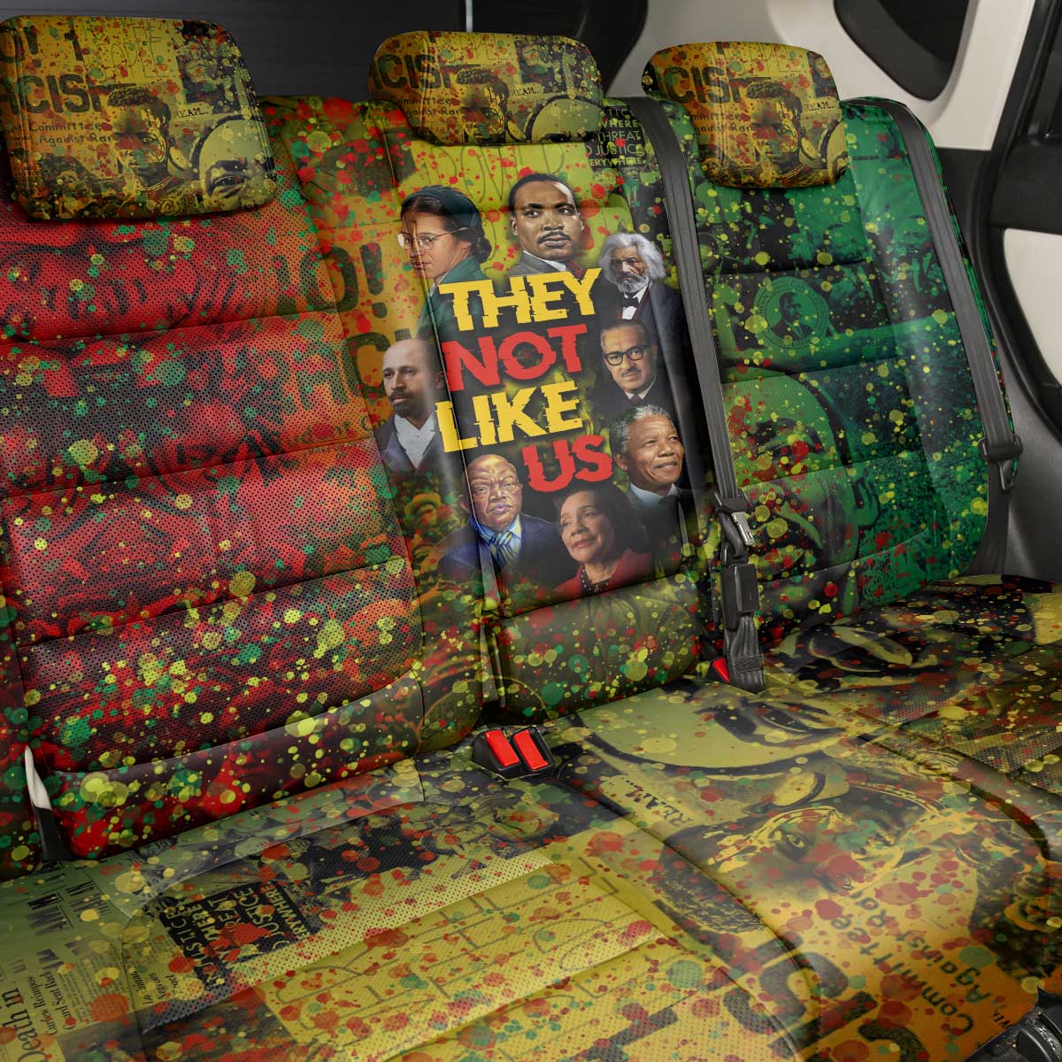 Black History Portrait Collage Back Car Seat Cover Africa Empowering They Not Like Us Quote in Grunge Paint - African Pride