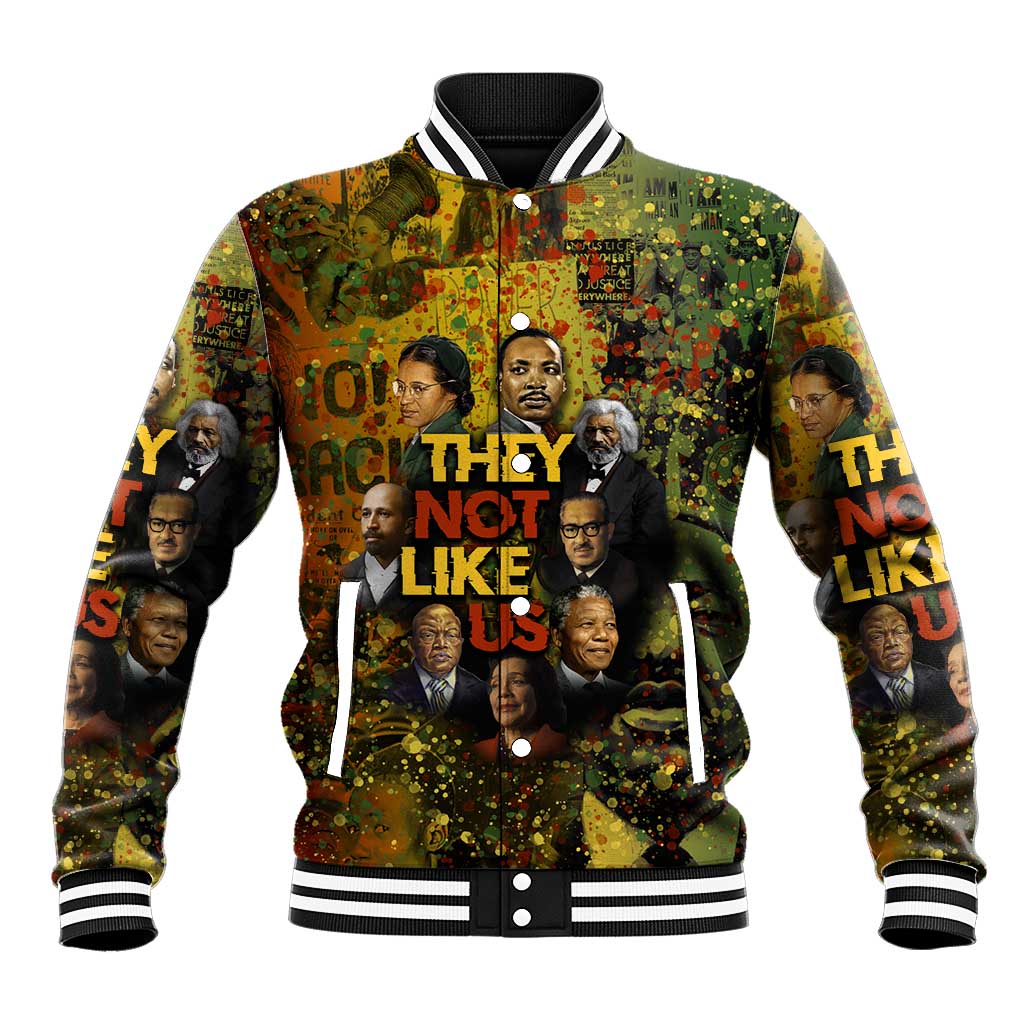 Black History Portrait Collage Baseball Jacket Africa Empowering They Not Like Us Quote in Grunge Paint - African Pride