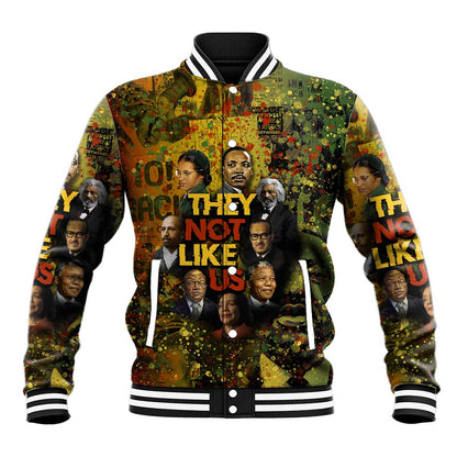 Black History Portrait Collage Baseball Jacket Africa Empowering They Not Like Us Quote in Grunge Paint - African Pride