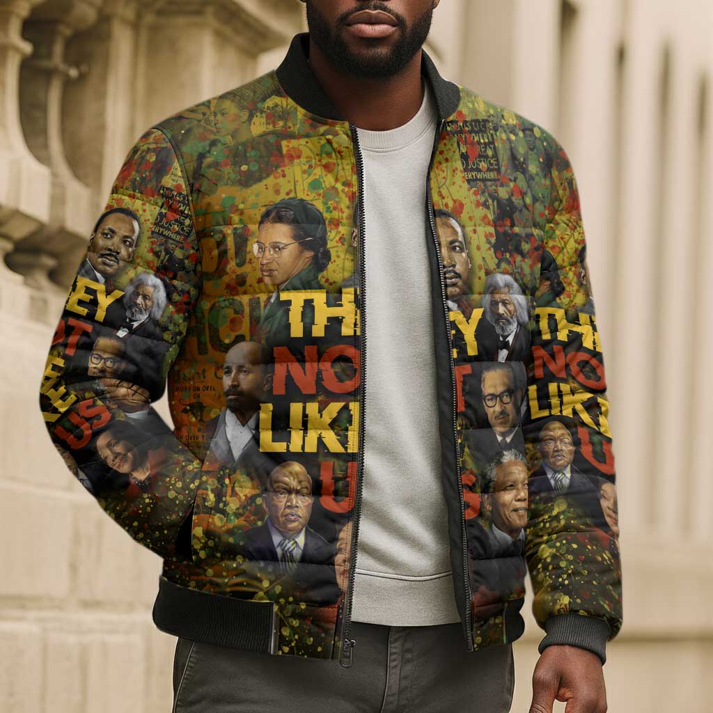 Black History Portrait Collage Bomber Puffer Jacket Africa Empowering They Not Like Us Quote in Grunge Paint - African Pride