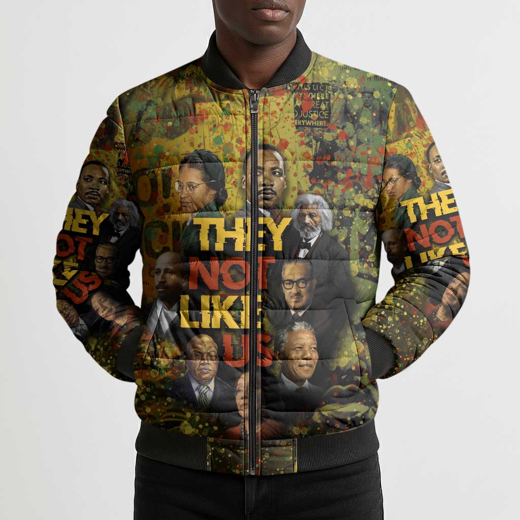 Black History Portrait Collage Bomber Puffer Jacket Africa Empowering They Not Like Us Quote in Grunge Paint - African Pride