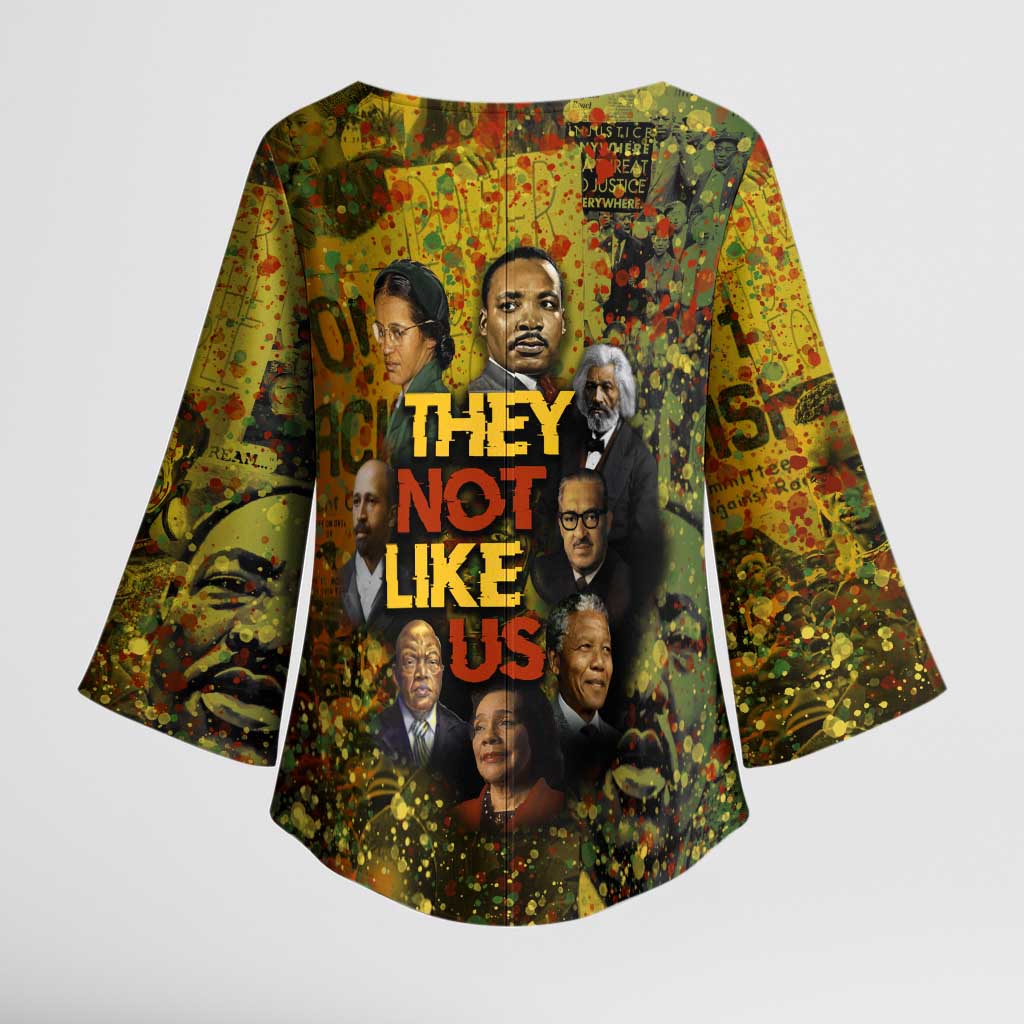 Black History Portrait Collage Kimono Sleeve Blouse Africa Empowering They Not Like Us Quote in Grunge Paint - African Pride