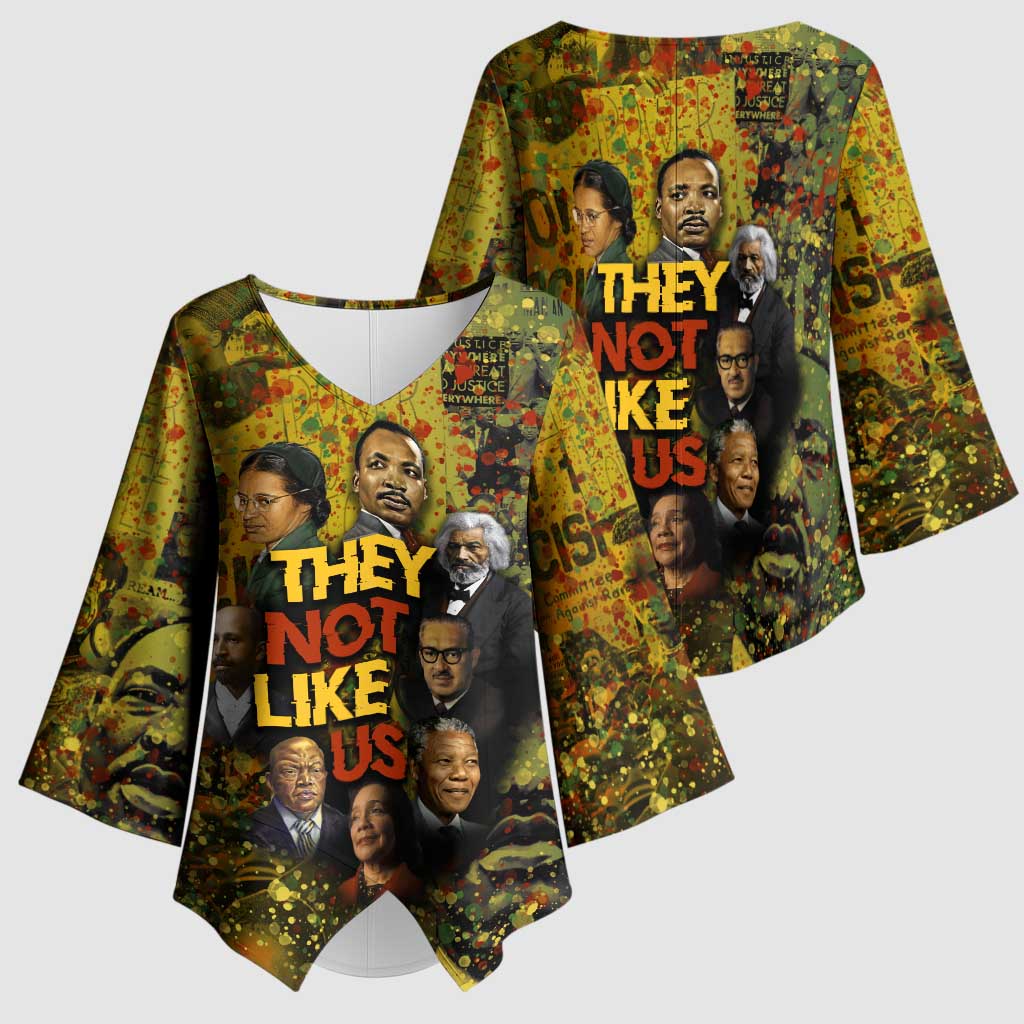 Black History Portrait Collage Kimono Sleeve Blouse Africa Empowering They Not Like Us Quote in Grunge Paint - African Pride