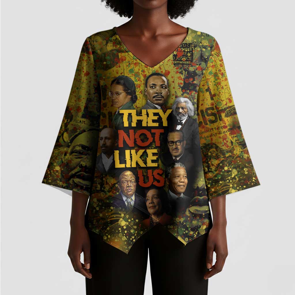 Black History Portrait Collage Kimono Sleeve Blouse Africa Empowering They Not Like Us Quote in Grunge Paint - African Pride