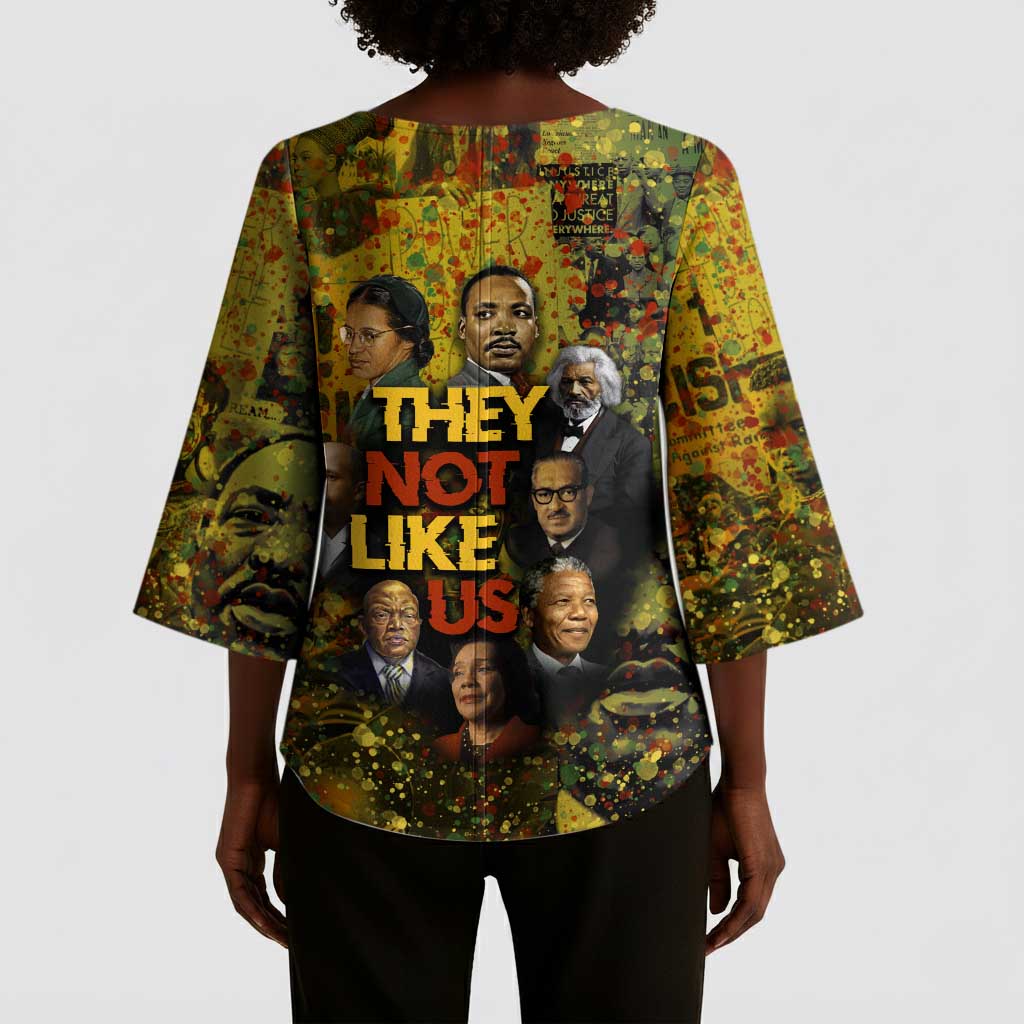 Black History Portrait Collage Kimono Sleeve Blouse Africa Empowering They Not Like Us Quote in Grunge Paint - African Pride