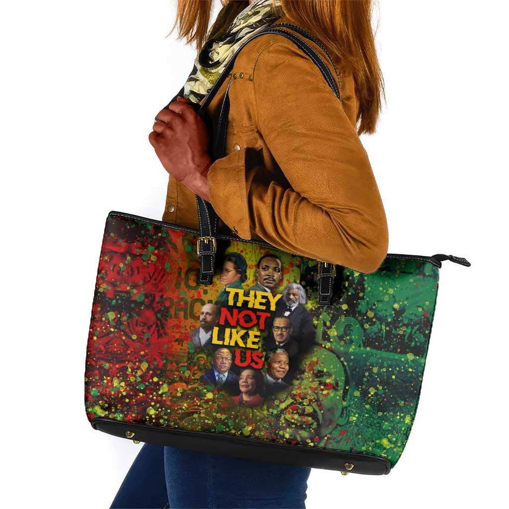 Black History Portrait Collage Leather Tote Bag Africa Empowering They Not Like Us Quote in Grunge Paint - African Pride