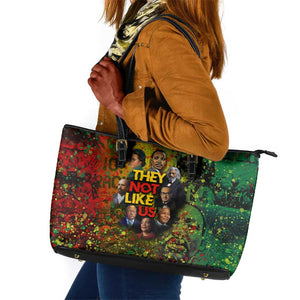 Black History Portrait Collage Leather Tote Bag Africa Empowering They Not Like Us Quote in Grunge Paint - African Pride