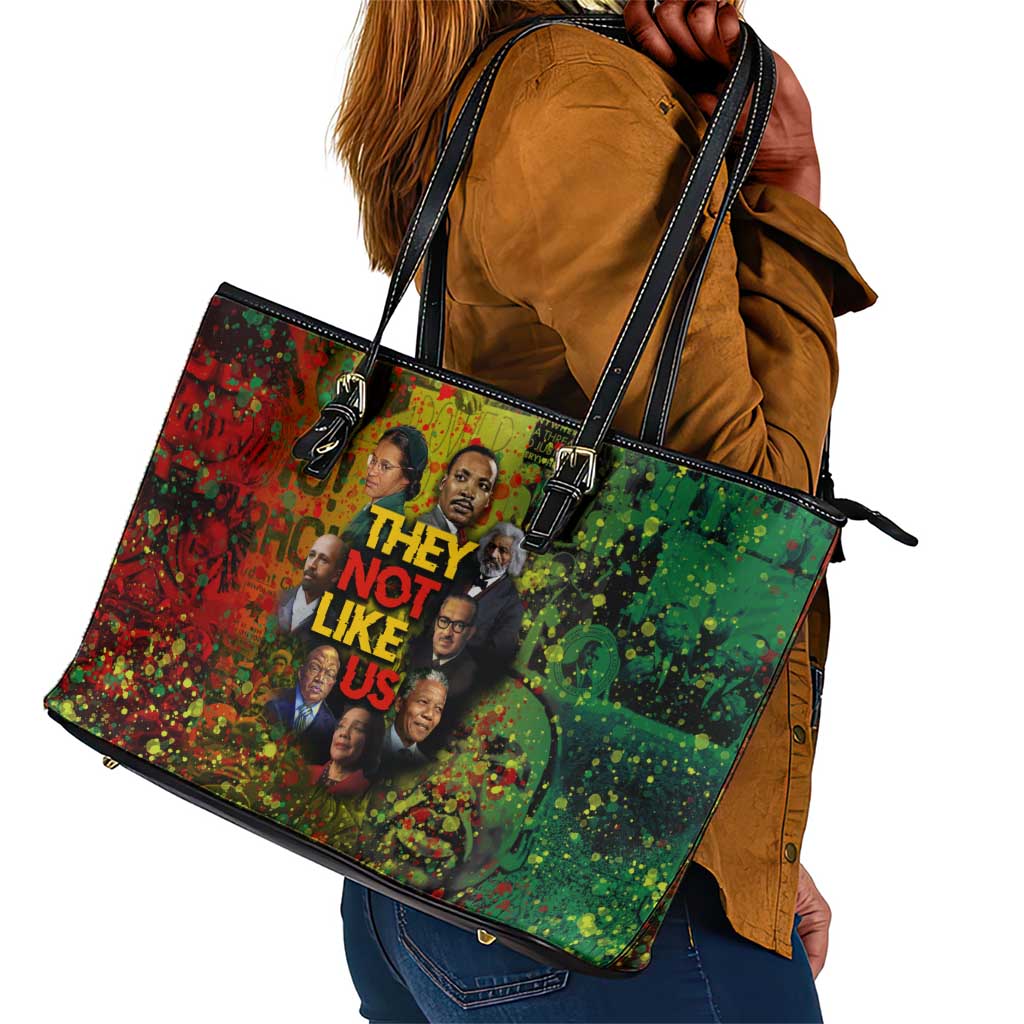 Black History Portrait Collage Leather Tote Bag Africa Empowering They Not Like Us Quote in Grunge Paint - African Pride