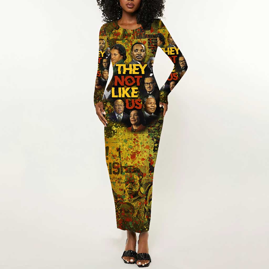 Black History Portrait Collage Long Sleeve Bodycon Dress Africa Empowering They Not Like Us Quote in Grunge Paint - African Pride