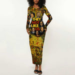 Black History Portrait Collage Long Sleeve Bodycon Dress Africa Empowering They Not Like Us Quote in Grunge Paint - African Pride