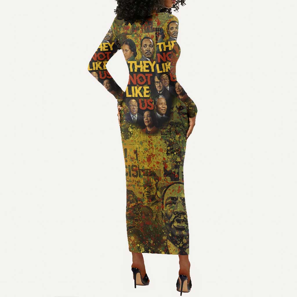 Black History Portrait Collage Long Sleeve Bodycon Dress Africa Empowering They Not Like Us Quote in Grunge Paint - African Pride
