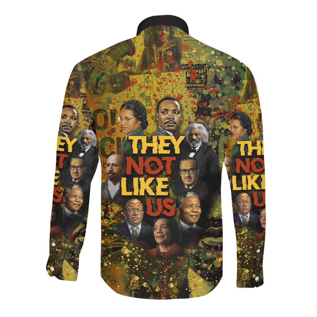 Black History Portrait Collage Long Sleeve Button Shirt Africa Empowering They Not Like Us Quote in Grunge Paint - African Pride