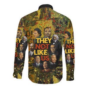 Black History Portrait Collage Long Sleeve Button Shirt Africa Empowering They Not Like Us Quote in Grunge Paint - African Pride