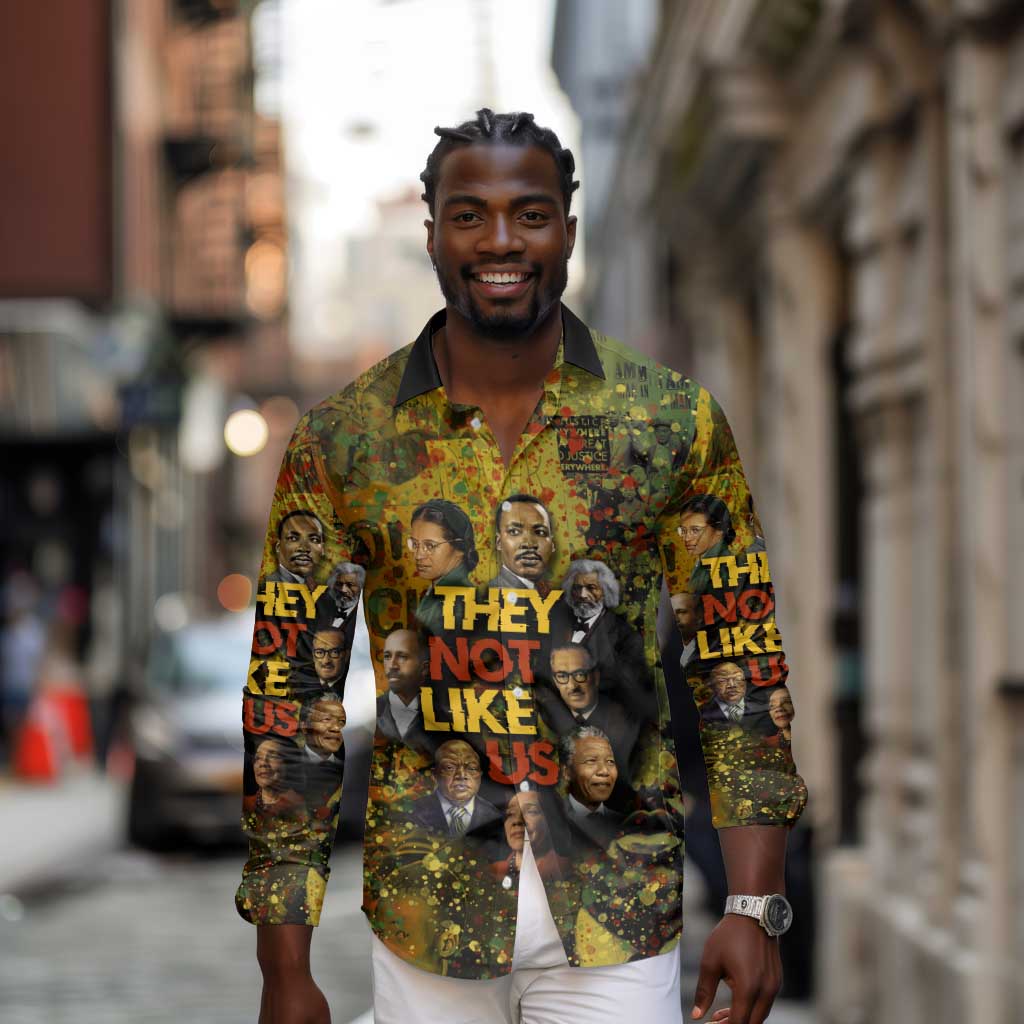 Black History Portrait Collage Long Sleeve Button Shirt Africa Empowering They Not Like Us Quote in Grunge Paint - African Pride