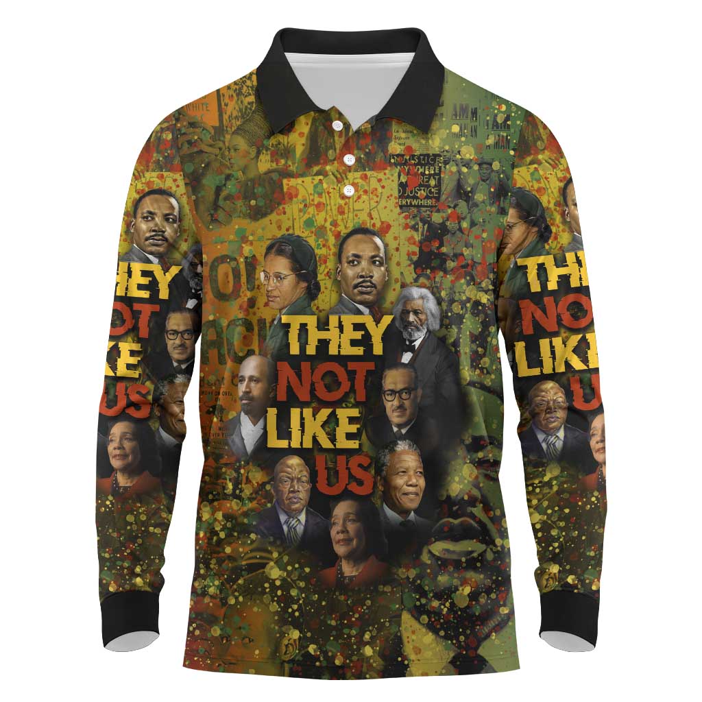 Black History Portrait Collage Long Sleeve Polo Shirt Africa Empowering They Not Like Us Quote in Grunge Paint - African Pride