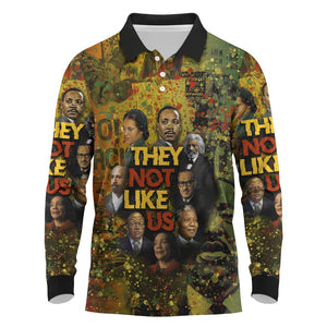 Black History Portrait Collage Long Sleeve Polo Shirt Africa Empowering They Not Like Us Quote in Grunge Paint - African Pride