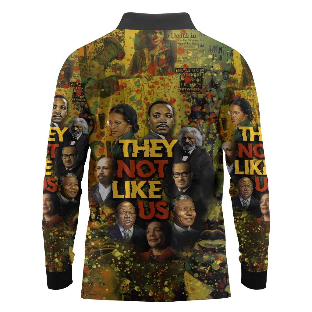 Black History Portrait Collage Long Sleeve Polo Shirt Africa Empowering They Not Like Us Quote in Grunge Paint - African Pride