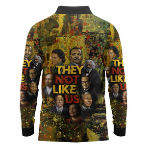 Black History Portrait Collage Long Sleeve Polo Shirt Africa Empowering They Not Like Us Quote in Grunge Paint - African Pride