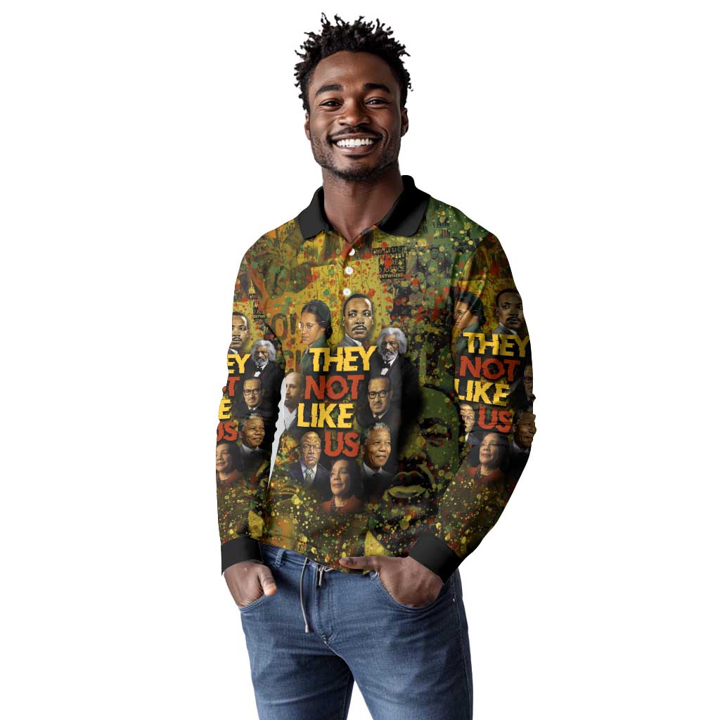 Black History Portrait Collage Long Sleeve Polo Shirt Africa Empowering They Not Like Us Quote in Grunge Paint - African Pride