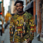 Black History Portrait Collage Long Sleeve Shirt Africa Empowering They Not Like Us Quote in Grunge Paint - African Pride