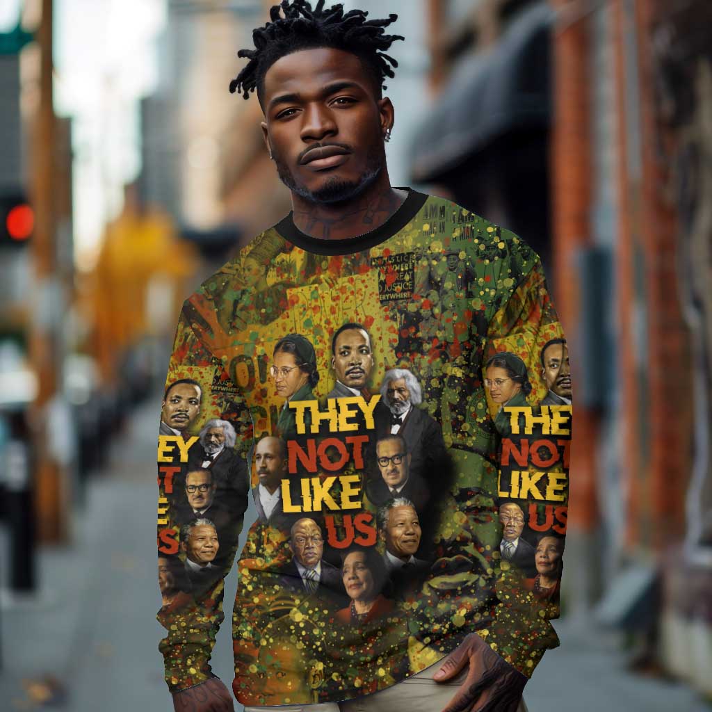 Black History Portrait Collage Long Sleeve Shirt Africa Empowering They Not Like Us Quote in Grunge Paint - African Pride