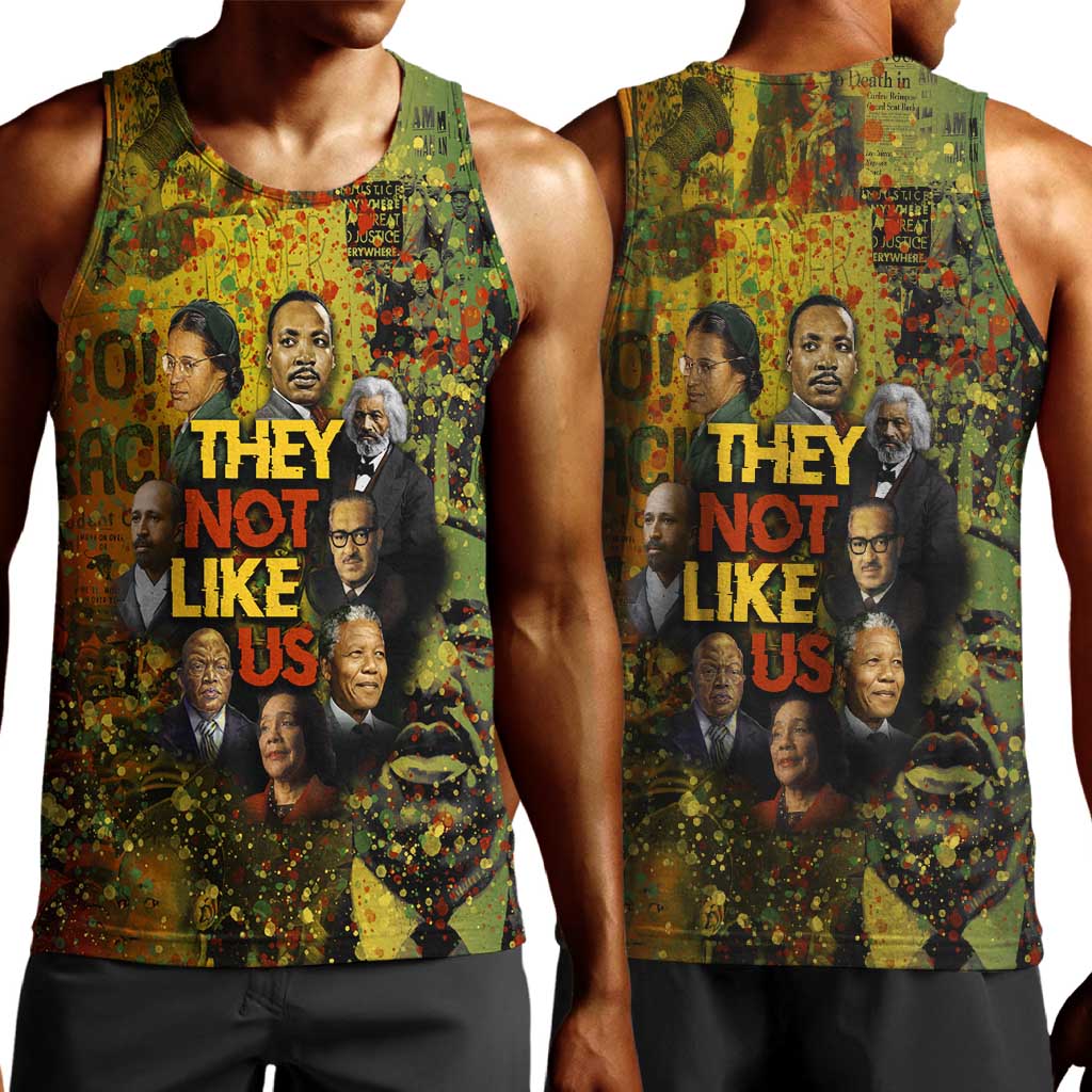 Black History Portrait Collage Men Tank Top Africa Empowering They Not Like Us Quote in Grunge Paint - African Pride