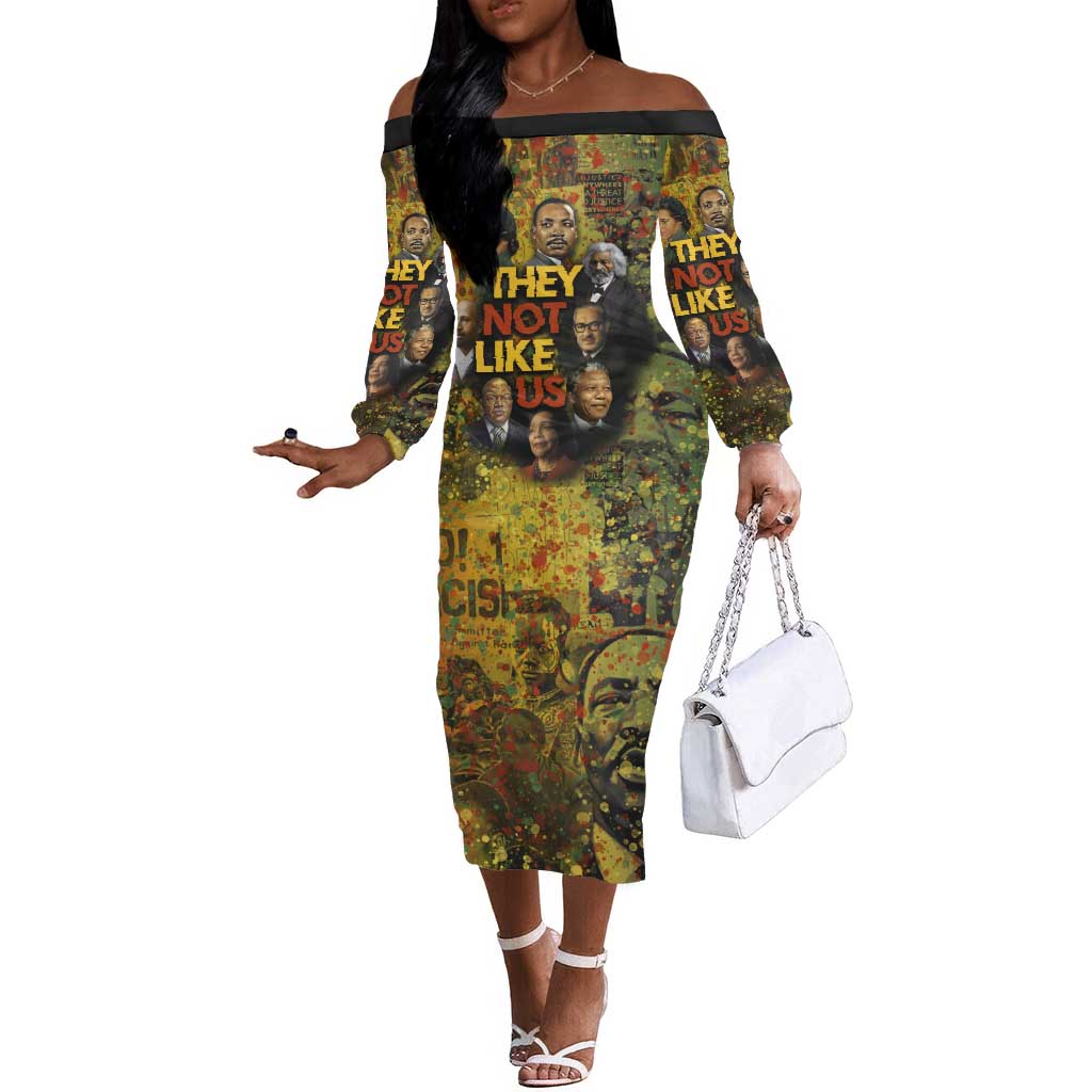 Black History Portrait Collage Off The Shoulder Long Sleeve Dress Africa Empowering They Not Like Us Quote in Grunge Paint - African Pride