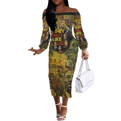 Black History Portrait Collage Off The Shoulder Long Sleeve Dress Africa Empowering They Not Like Us Quote in Grunge Paint - African Pride