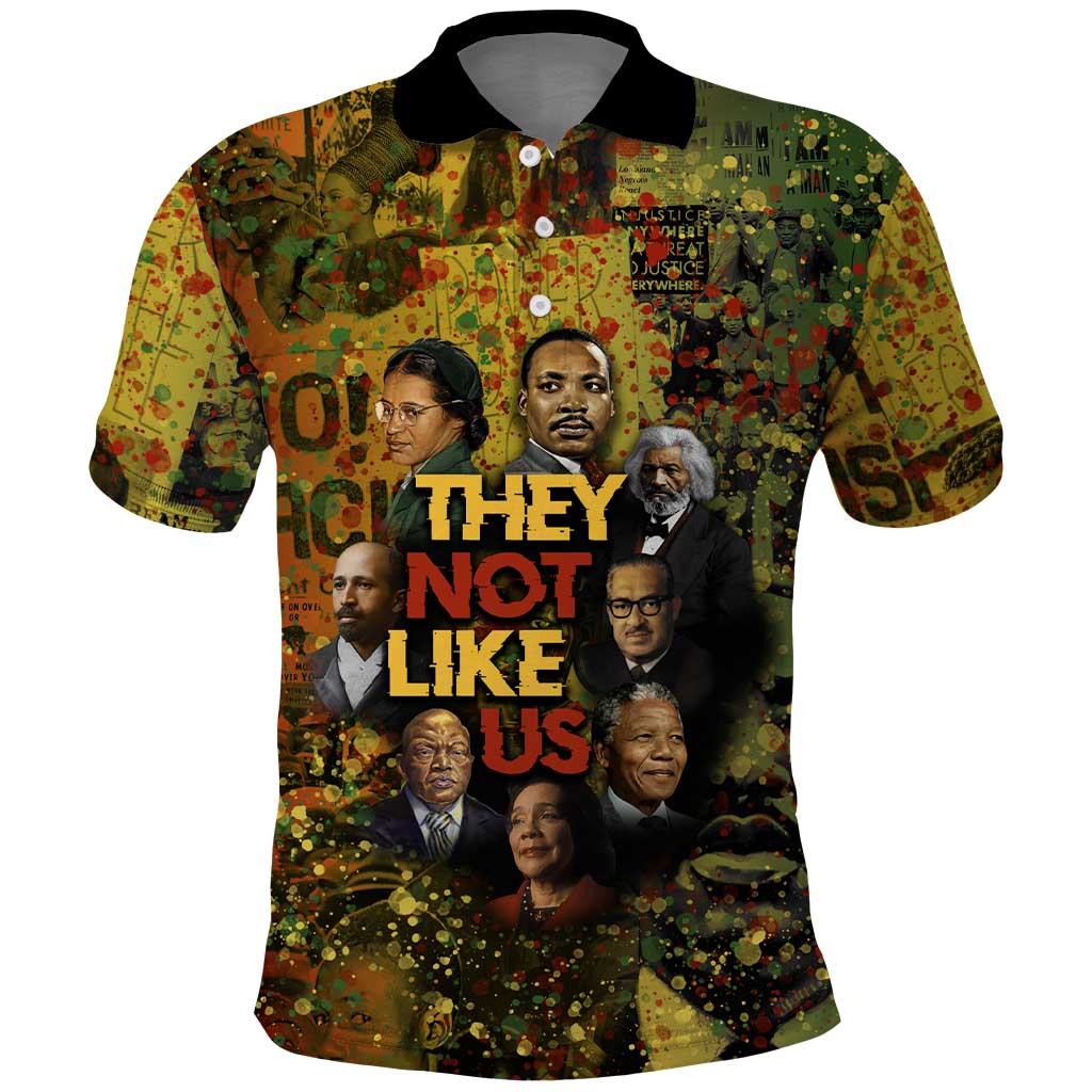Black History Portrait Collage Polo Shirt Africa Empowering They Not Like Us Quote in Grunge Paint - African Pride