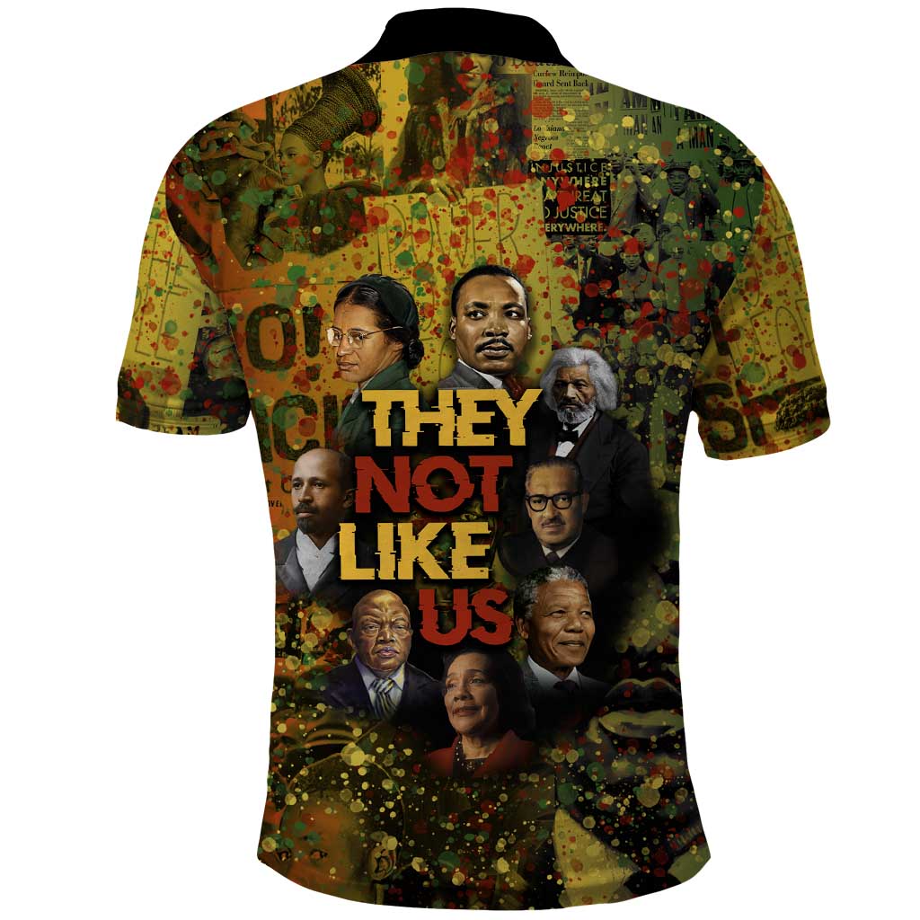Black History Portrait Collage Polo Shirt Africa Empowering They Not Like Us Quote in Grunge Paint - African Pride