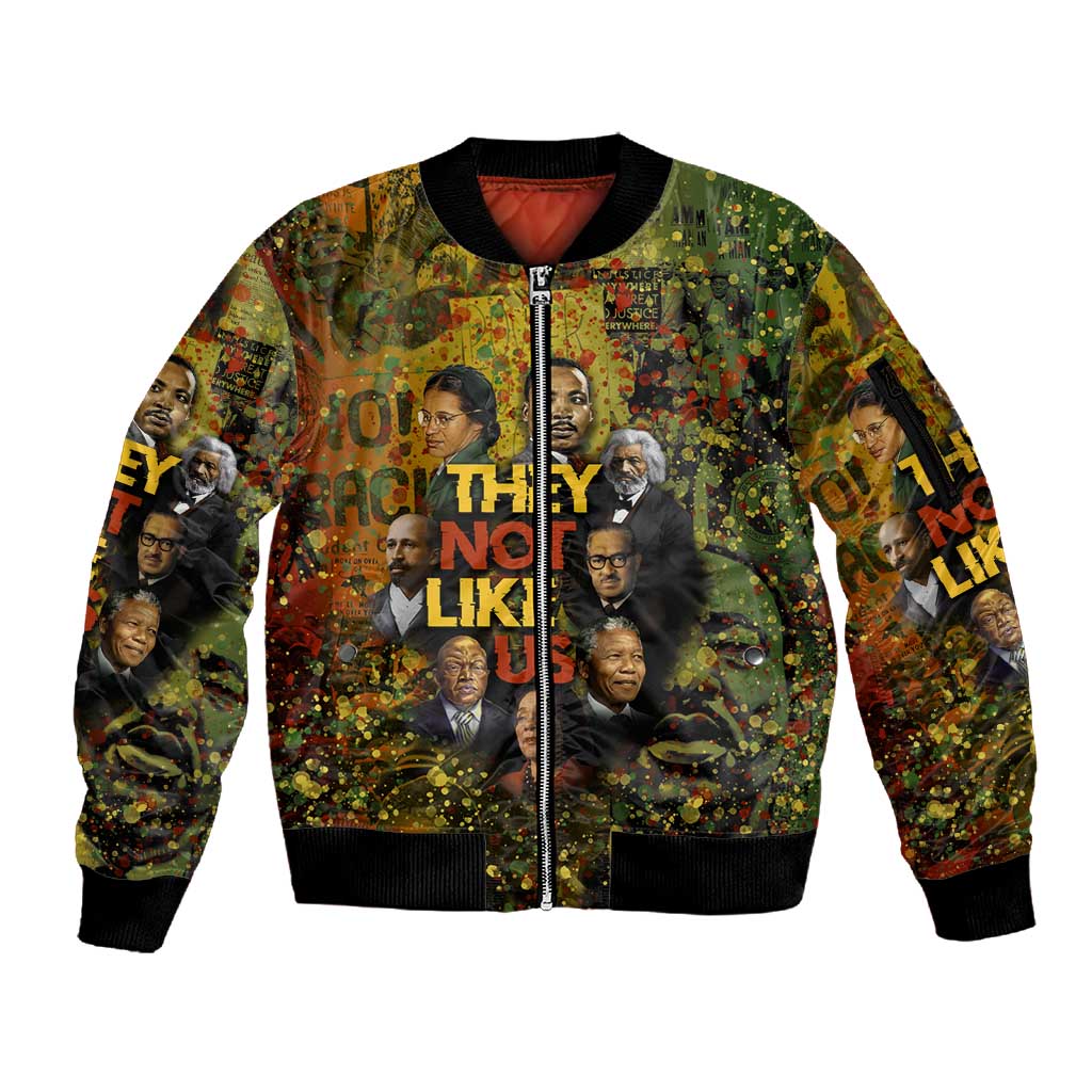 Black History Portrait Collage Sleeve Zip Bomber Jacket Africa Empowering They Not Like Us Quote in Grunge Paint - African Pride