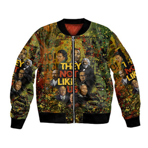 Black History Portrait Collage Sleeve Zip Bomber Jacket Africa Empowering They Not Like Us Quote in Grunge Paint - African Pride