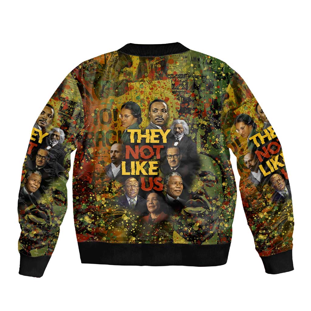 Black History Portrait Collage Sleeve Zip Bomber Jacket Africa Empowering They Not Like Us Quote in Grunge Paint - African Pride