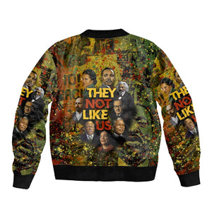 Black History Portrait Collage Sleeve Zip Bomber Jacket Africa Empowering They Not Like Us Quote in Grunge Paint - African Pride