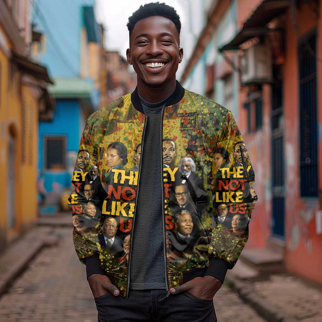 Black History Portrait Collage Sleeve Zip Bomber Jacket Africa Empowering They Not Like Us Quote in Grunge Paint - African Pride
