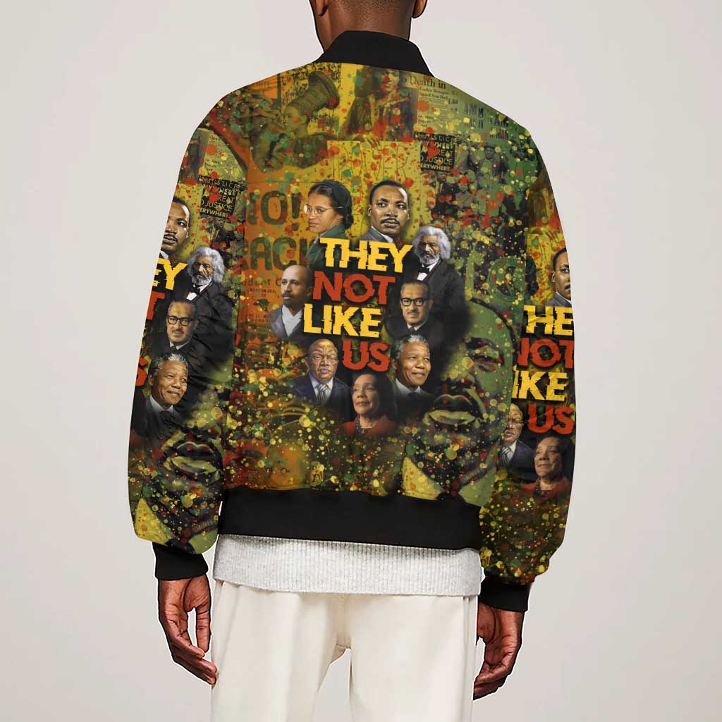 Black History Portrait Collage Sleeve Zip Bomber Jacket Africa Empowering They Not Like Us Quote in Grunge Paint - African Pride