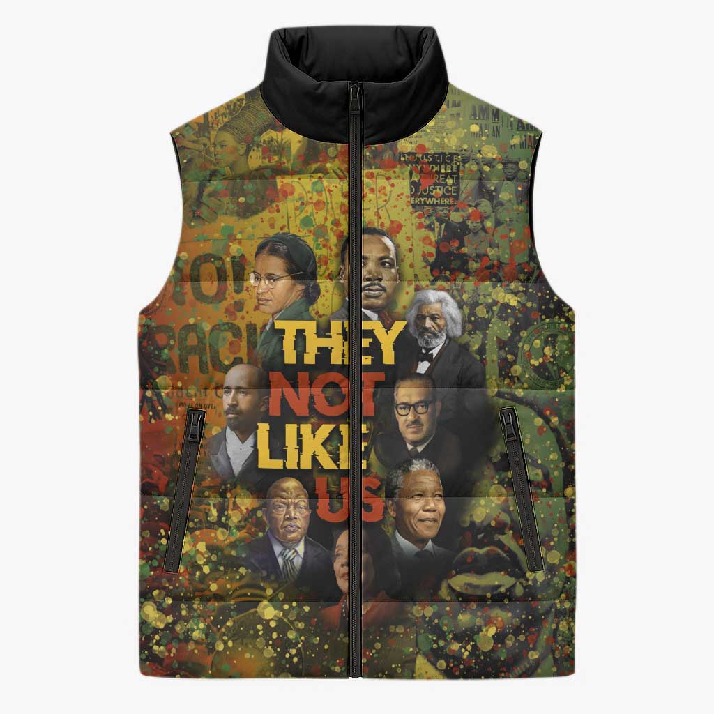 Black History Portrait Collage Sleeveless Puffer Jacket Africa Empowering They Not Like Us Quote in Grunge Paint - African Pride