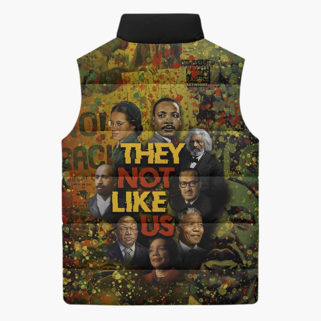 Black History Portrait Collage Sleeveless Puffer Jacket Africa Empowering They Not Like Us Quote in Grunge Paint - African Pride