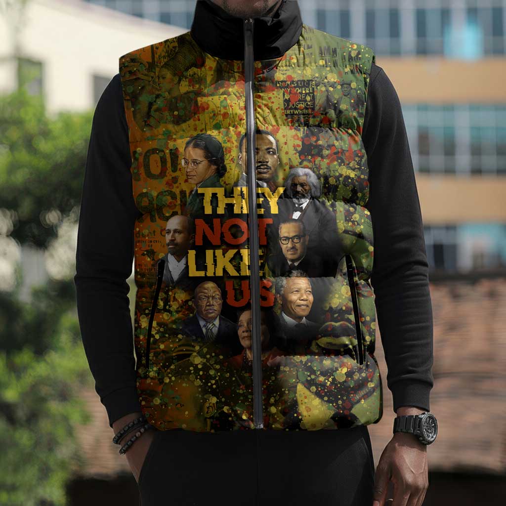 Black History Portrait Collage Sleeveless Puffer Jacket Africa Empowering They Not Like Us Quote in Grunge Paint - African Pride
