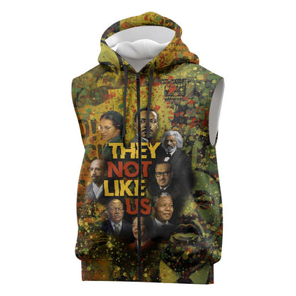 Black History Portrait Collage Sleeveless Zip Hoodie Africa Empowering They Not Like Us Quote in Grunge Paint - African Pride
