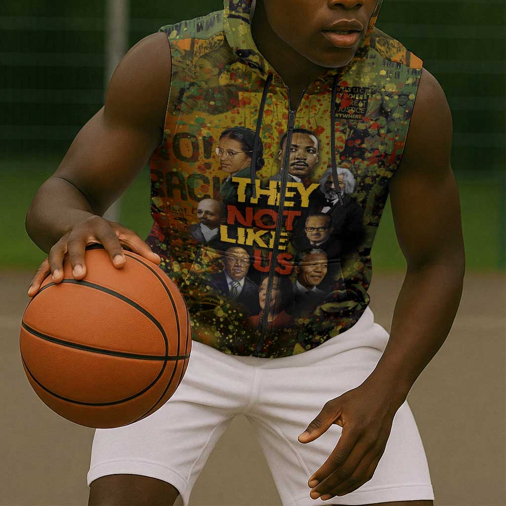 Black History Portrait Collage Sleeveless Zip Hoodie Africa Empowering They Not Like Us Quote in Grunge Paint - African Pride